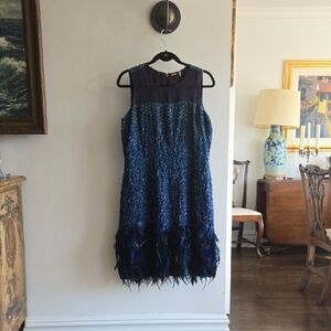 Elie Tahari Blue and Black Feathered High Low Dress